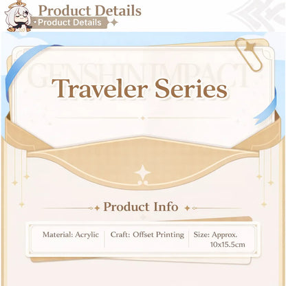 Genshin Impact Traveler Series acrylic stand product details showing material acrylic offset printing and size about 10 by 15.5 cm
