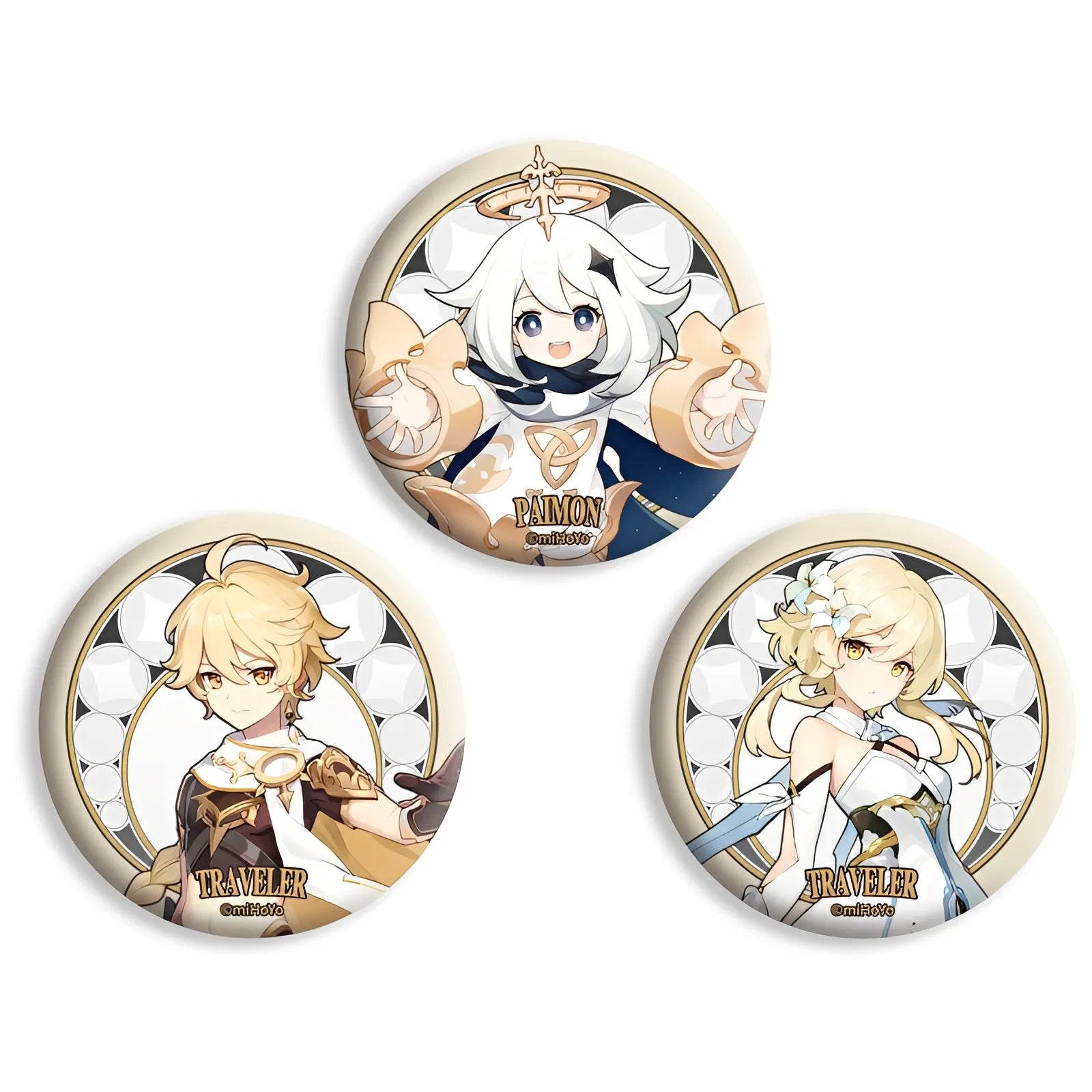 Genshin Impact Traveler Theme Series character badges featuring Paimon Traveler Aether and Traveler Lumine tinplate badges 7.5cm anime collectible