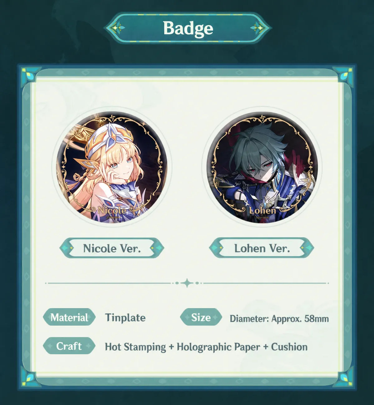 Nicole and Lohen character badges from the Truth Amongst the Pages of Purana Series