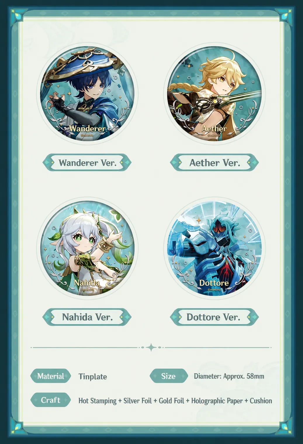Wanderer, Aether, Nahida, and Dottore badges from the Truth Amongst the Pages of Purana Series