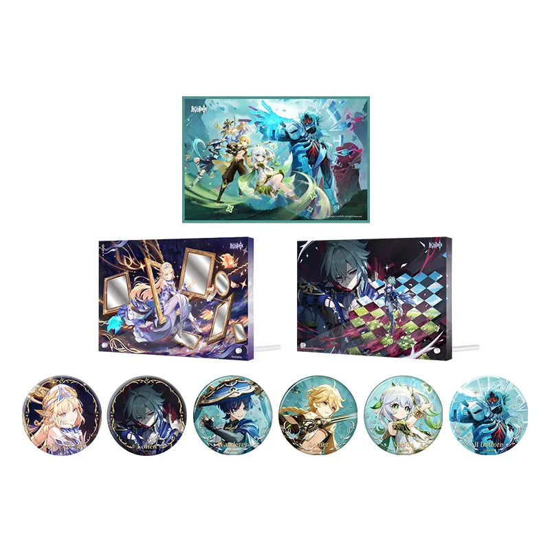 Genshin Impact Truth Amongst the Pages of Purana Series merchandise collection featuring badges, acrylic standees, and art board