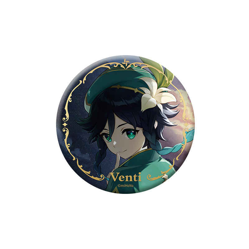 Genshin Impact Venti character badge with holographic finish and themed artwork
