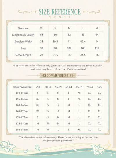 Genshin Impact Venti shirt size chart XS S M L XL measurement guide