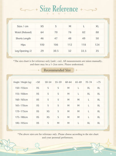 Genshin Impact Venti shorts size chart XS S M L XL measurements guide