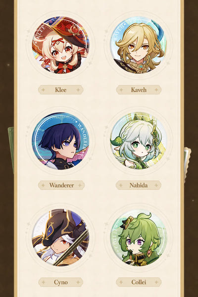 Genshin Version Preview Series badge collection featuring characters like Furina Arlecchino Neuvillette Wriothesley