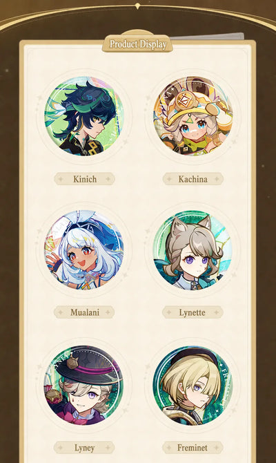 Genshin character badge display Version Preview Series showing multiple character designs collection