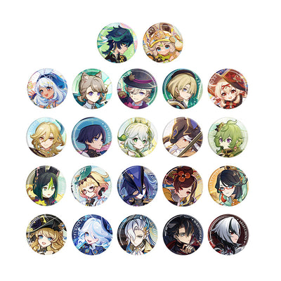 Genshin Version Preview Series character badge collection featuring multiple characters metal pin set display