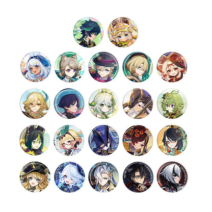 Genshin Version Preview Series character badge collection featuring multiple characters metal pin set display