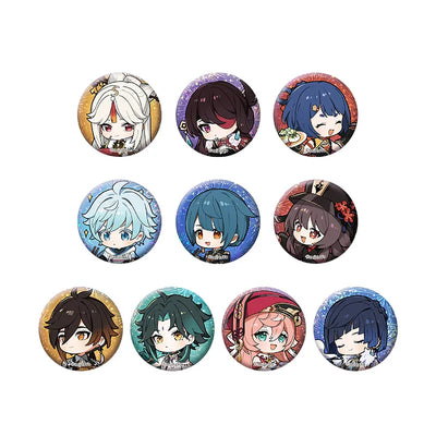Genshin Vibrant Harriers Aloft in Spring Breeze mini badge set A featuring Ganyu Xiao Zhongli Hu Tao and chibi character designs