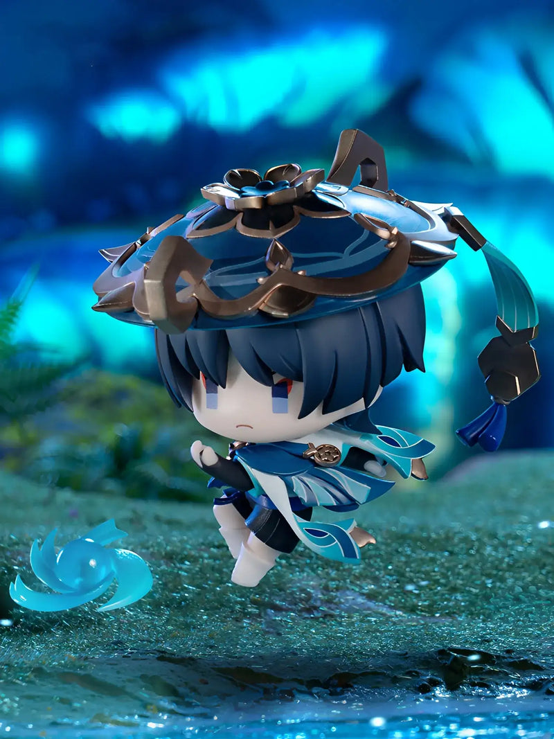 Genshin Impact Wanderer Battlefield Heroes blind box figure with themed display base and chibi styling
