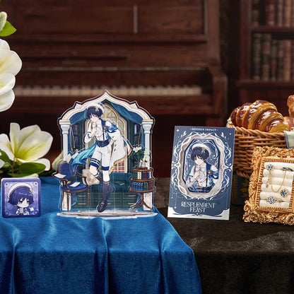 Genshin Impact Wanderer Resplendent Feast merchandise collection display with acrylic stand badge and accessories