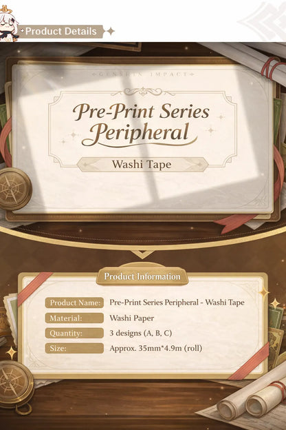 Genshin Impact pre-print series washi tape packaging and roll presentation