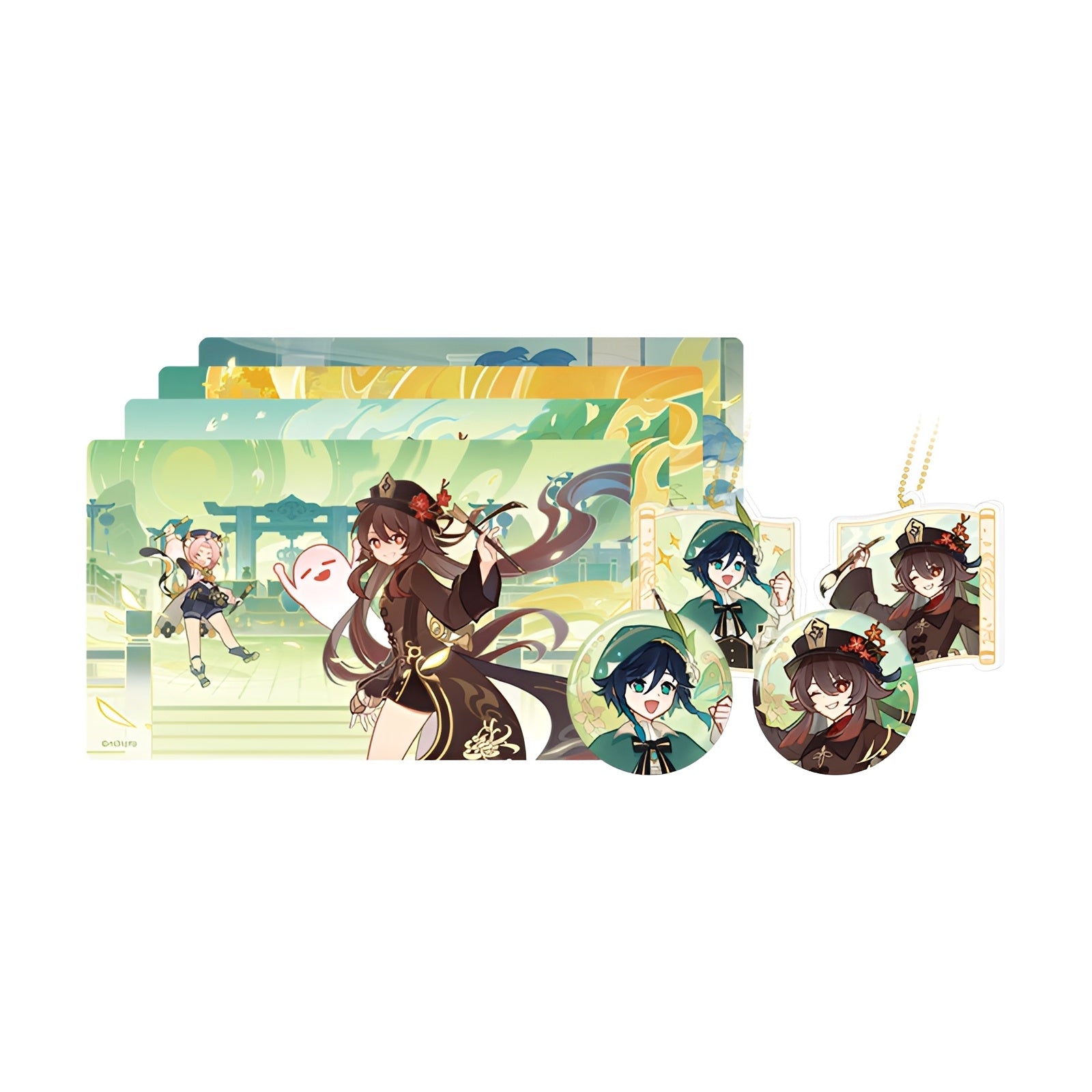 Genshin Impact Waterborne Poetry Collection merch overview badges keychains and art cards