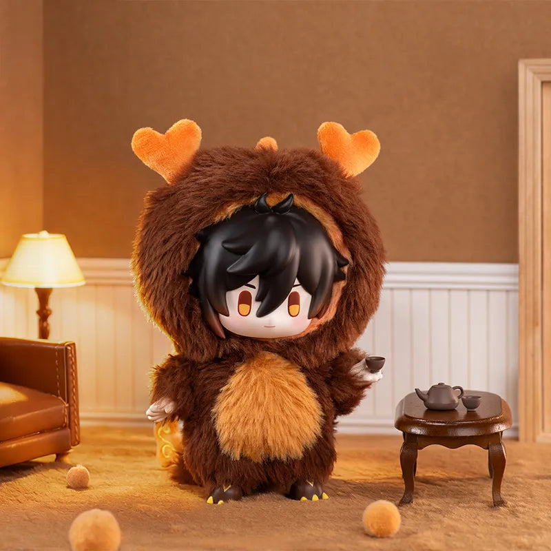 Genshin Impact Winter Nesting Series Zhongli plush charm in a brown animal-themed outfit