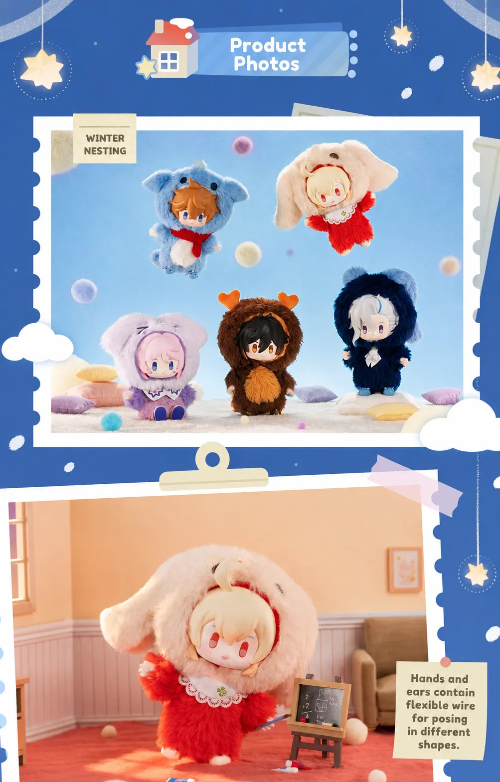 Genshin Impact Winter Nesting plush charms displayed in cozy winter-themed scenes