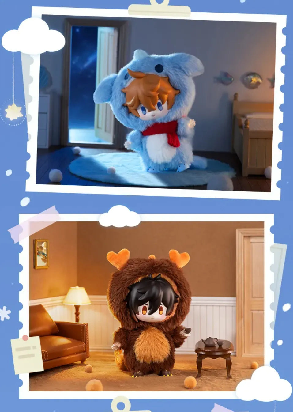 Genshin Impact Winter Nesting plush charms with soft fluffy animal-themed outfits