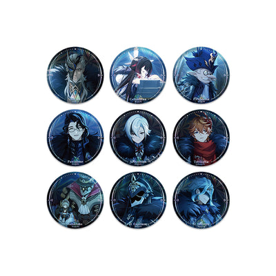 Genshin Impact Winter Night’s Laze badge collection featuring Arlecchino Tartaglia Il Dottore Columbina Il Capitano Pantalone Pierro Pulcinella and Sandrone