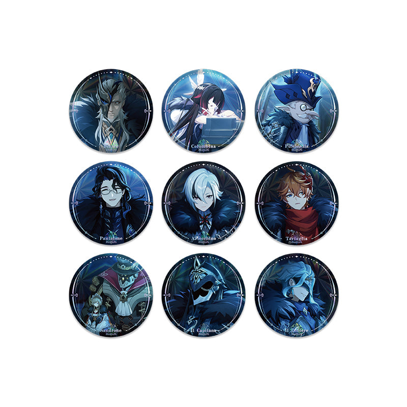 Genshin Impact Winter Night’s Laze badge collection featuring Arlecchino Tartaglia Il Dottore Columbina Il Capitano Pantalone Pierro Pulcinella and Sandrone