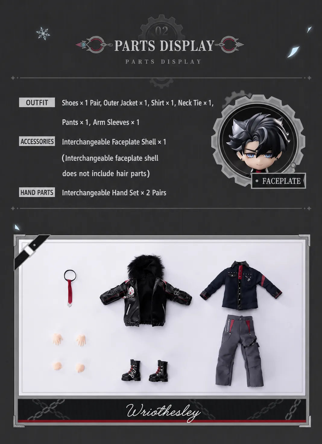 Wriothesley 1/12 action figure accessories with black jacket red tie and gray pants