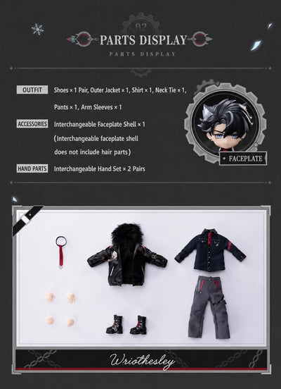 Wriothesley 1/12 action figure accessories with black jacket red tie and gray pants