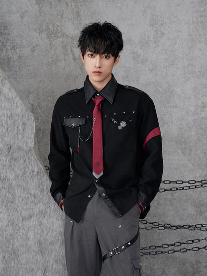 Genshin Impact Wriothesley casual shirt featuring layered tie details and industrial themed styling on male model