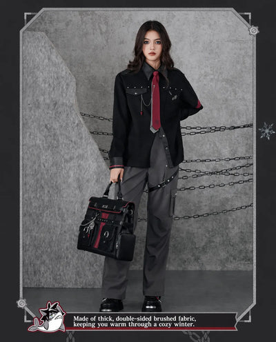 Genshin Impact Wriothesley themed casual shirt outfit showcase with layered winter styling