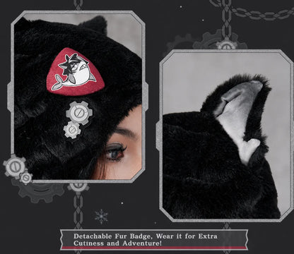 Detachable themed badge decoration on Wriothesley plush fur hat