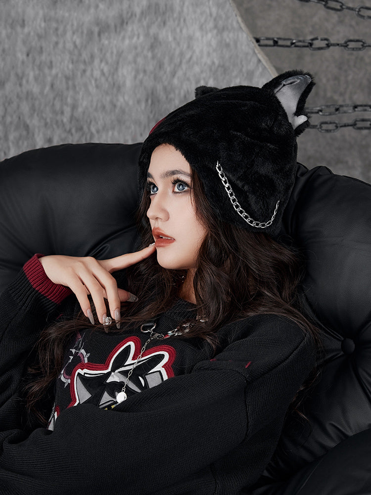Genshin Impact Wriothesley plush fur hat front and back display with black faux fur finish