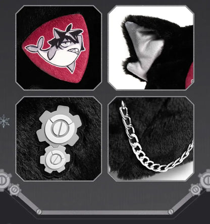 Front view of Wriothesley themed plush fur hat with decorative accessories