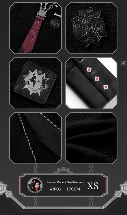 Genshin Wriothesley knitted shirt featuring embossed wolf crest emblem and custom metallic nameplate