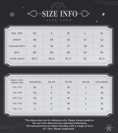 Genshin Impact Wriothesley knitted shirt size chart and fitting reference guide