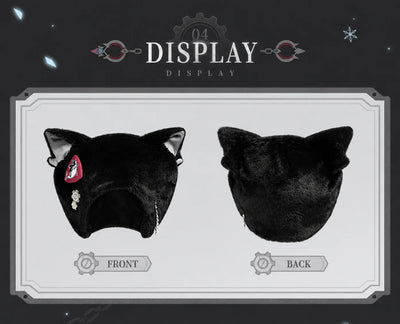 Wriothesley themed plush fur hat worn by models in dark fashion styling