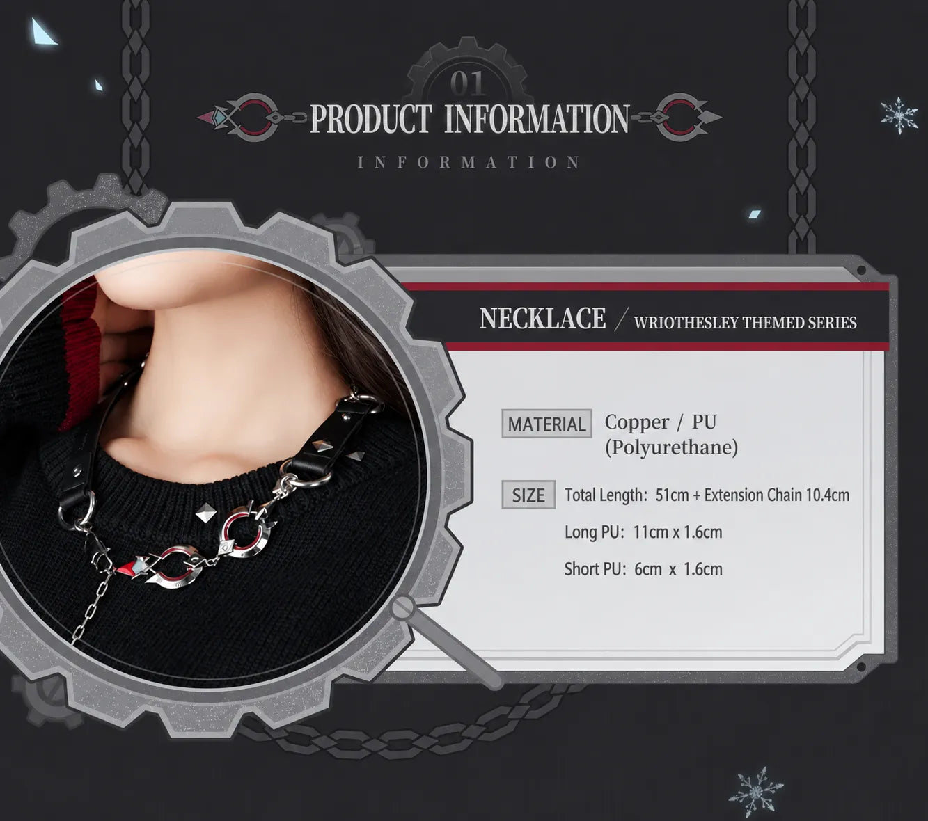 Flat lay display of Wriothesley themed necklace with silver chain elements