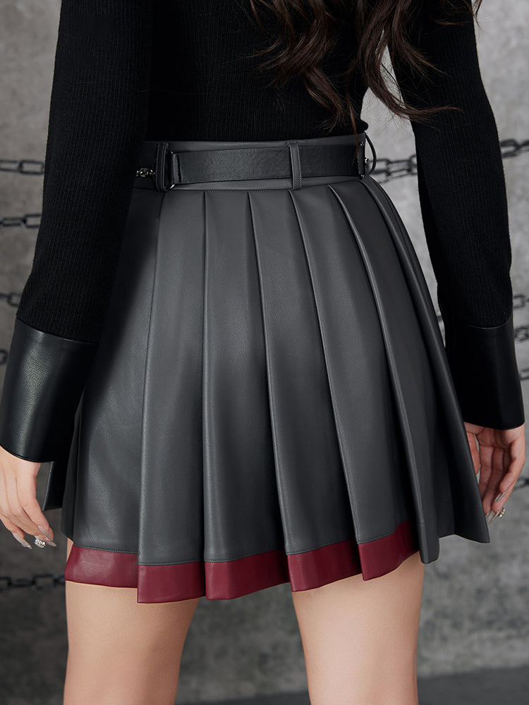 Genshin Wriothesley pleated skirt featuring PU leather texture and custom metallic decorations