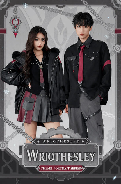 Genshin Impact Wriothesley themed pleated skirt model showcase with industrial-inspired styling