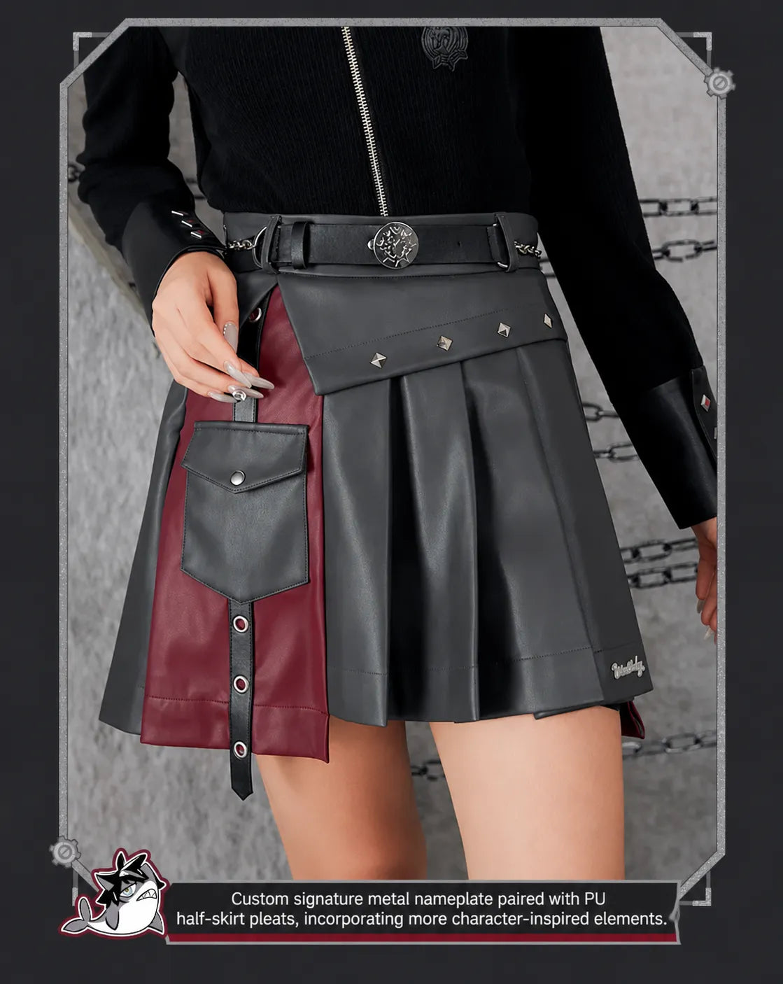 Genshin Impact Wriothesley pleated skirt with detachable style pocket detail and layered PU panels