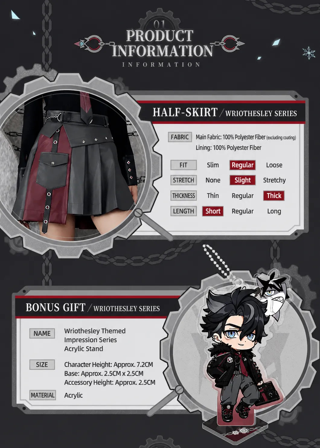 Genshin Impact Wriothesley pleated skirt product information with fabric composition and acrylic bonus gift
