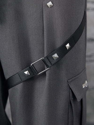 Close-up details of Genshin Impact Wriothesley themed casual pants featuring zipper accents and layered panels