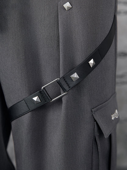 Close-up details of Genshin Impact Wriothesley themed casual pants featuring zipper accents and layered panels