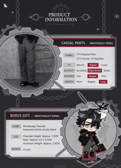 Information display of Genshin Impact Wriothesley themed casual pants with material and fit details