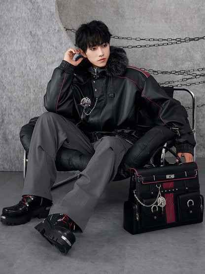 Model wearing Genshin Impact Wriothesley themed casual pants with Fontaine inspired streetwear styling