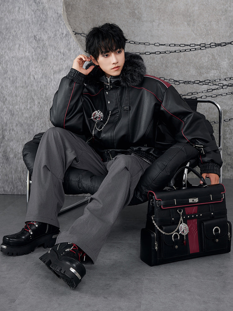 Model wearing Genshin Impact Wriothesley themed casual pants with Fontaine inspired streetwear styling