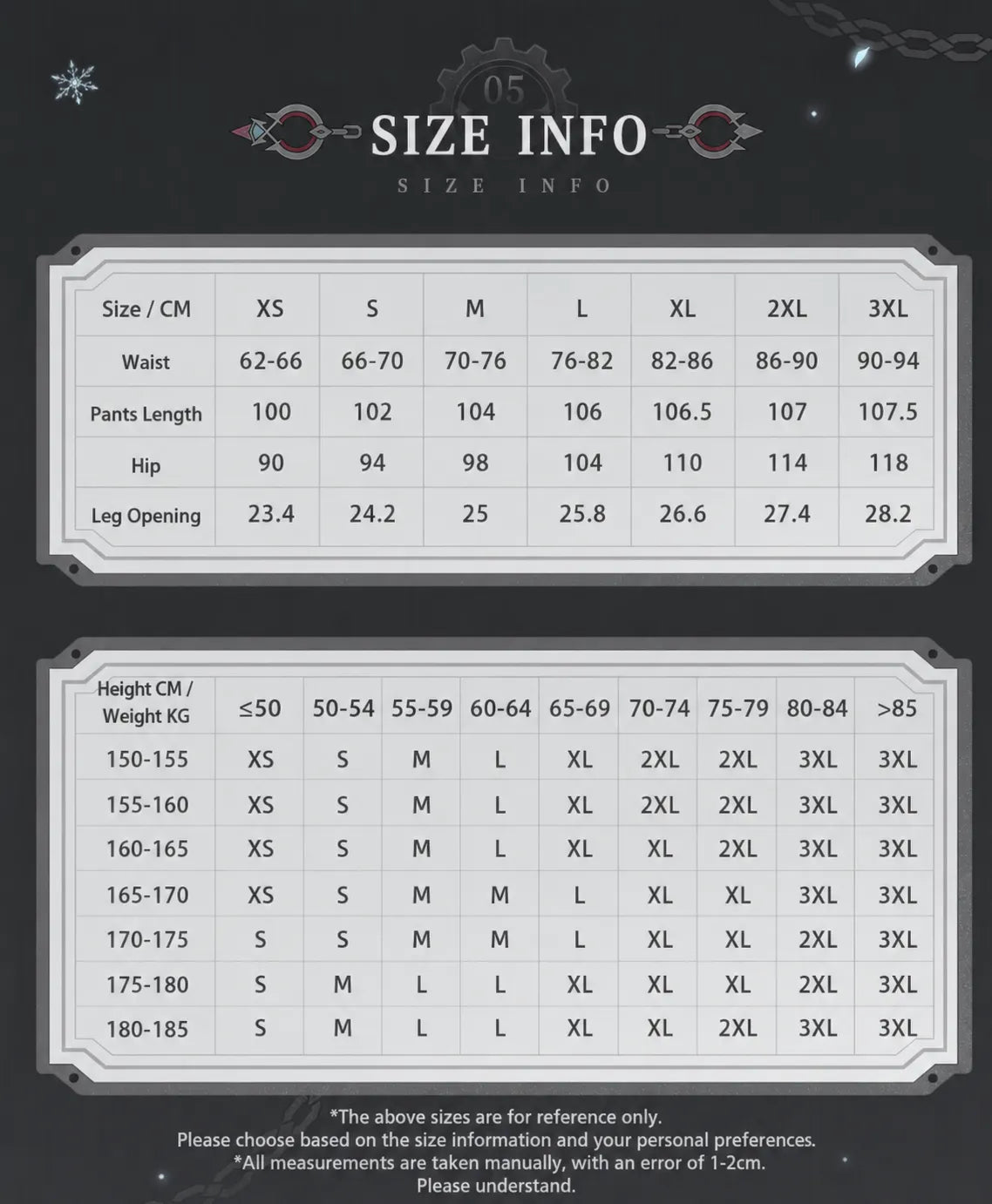 Size chart for Genshin Impact Wriothesley themed casual pants