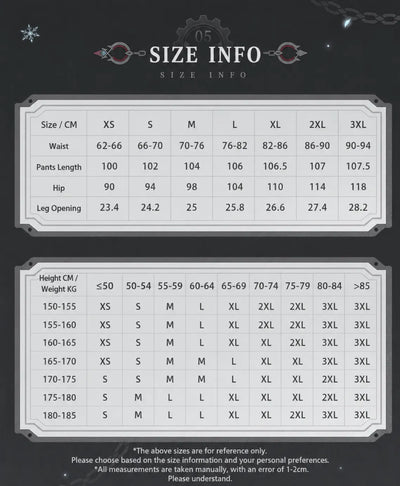Size chart for Genshin Impact Wriothesley themed casual pants