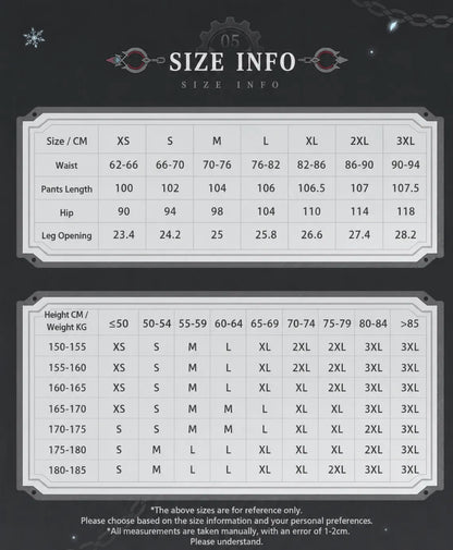 Size chart for Genshin Impact Wriothesley themed casual pants