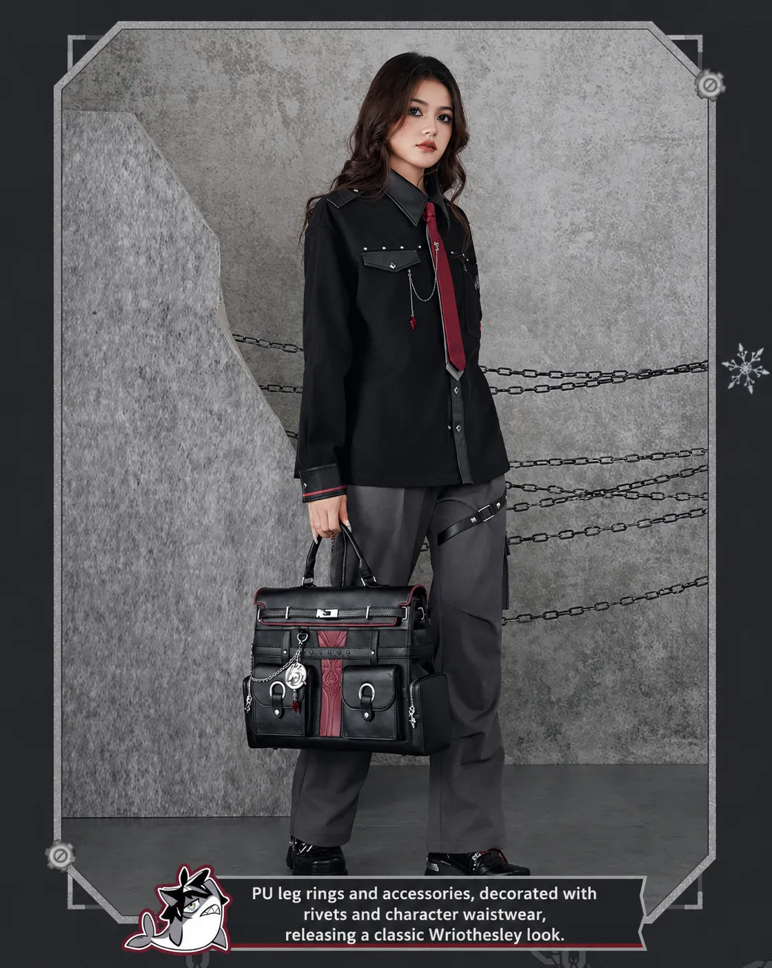 Utility fashion details on Genshin Impact Wriothesley themed casual pants inspired by Fontaine aesthetics