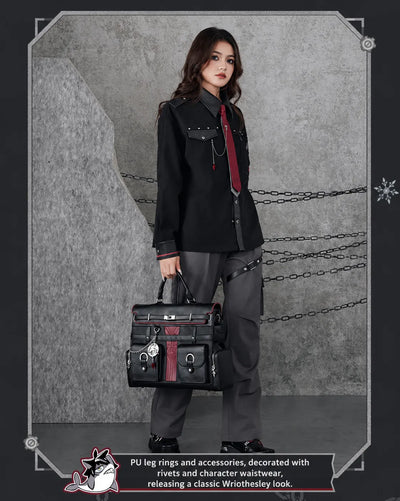 Utility fashion details on Genshin Impact Wriothesley themed casual pants inspired by Fontaine aesthetics