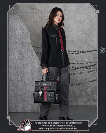 Utility fashion details on Genshin Impact Wriothesley themed casual pants inspired by Fontaine aesthetics