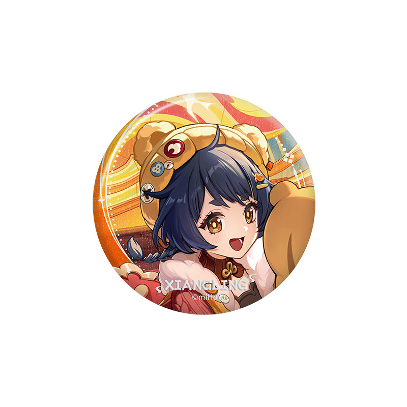 Genshin Impact Xiangling character badge with holographic finish and themed artwork
