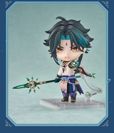 Xiao Clay Figure posed with Jade Spear on dedicated display base
